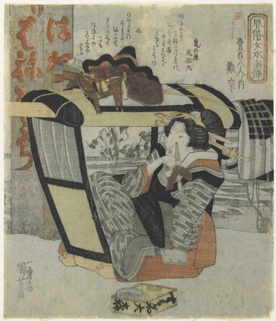 Vrouw als de held Taiso_ in draagstoel met een pijp, c. 1830 door Utagawa Kuniyoshi