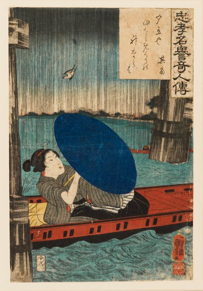 Houtsnede - De dichteres Kikaku in een boot onder een brug tijdens een regenbui, 1845 door Utagawa Kuniyoshi