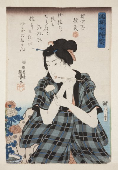 Een etiket schrijven voor chrysanten door Utagawa Kuniyoshi