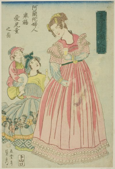 Nederlandse vrouw die een toast uitbrengt op haar kinderen (Oranda fujin kyosho aijido no zu), uit de serie "Buitenlanders naar het leven getekend (Ikiutsushi ikoku jinbutsu)" door Utagawa Sadahide