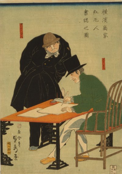 Buitenlanders in Yokohama stellen contract op in koopmanshuis, 1861 door Utagawa Sadahide