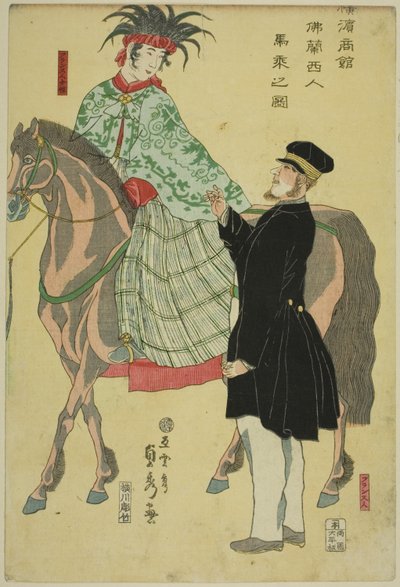 Kooplieden van Yokohama: Franse Vrouw te Paard (Yokohama shokan, Furansujin umanori no zu) door Utagawa Sadahide