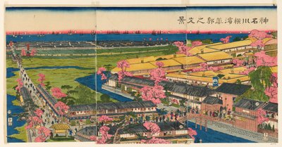 Panoramisch Uitzicht op de Plezierwijken in Yokohama, Kanagawa door Utagawa Sadahide