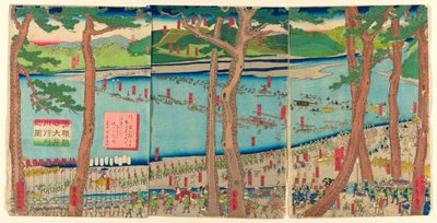 Processie van Minamoto no Yoritomo over de Oi-rivier (Minamoto Yoritomo ko Oikawa gyoretsu zu) door Utagawa Sadahide