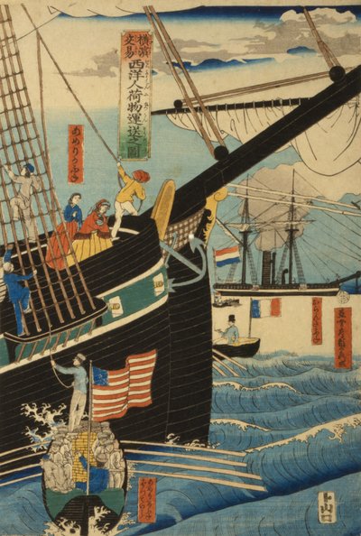 Westerse handelaren in Yokohama vervoeren vracht en passagiers, 1861 door Utagawa Sadahide