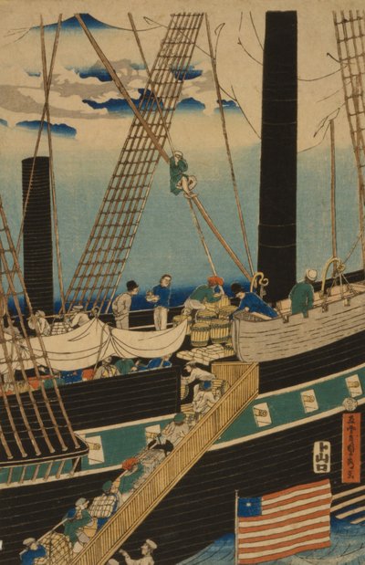 Westerse handelaren laden vracht in Yokohama, 1861 door Utagawa Sadahide