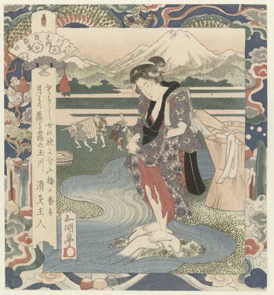 Vrouw wast kleding in de rivier door Utagawa Sadakage