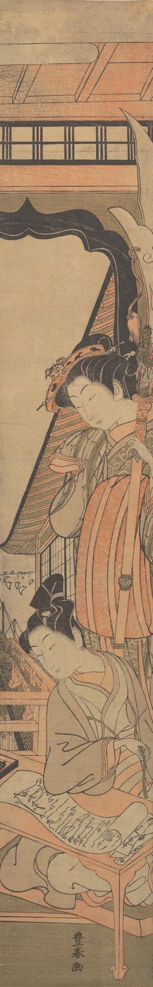 Een schoonheid kijkt neer op een jonge man die een liefdesbrief leest, ca. 1771 door Utagawa Toyoharu
