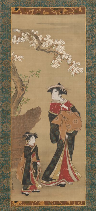 Courtisane en haar bediende onder een kersenboom door Utagawa Toyoharu