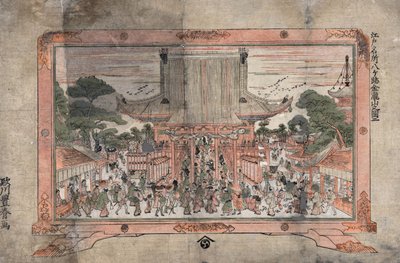 Mensen gaan een grote tempel binnen. Buiten staan handelskraampjes. Prent van een schilderij in een lijst met voeten, c1770. Utagawa Toyoharu (1735-1814) Japanse Ukiyo-e kunstenaar. Menigte Religie Aanbidding door Utagawa Toyoharu