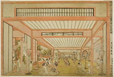 Uitzichten van ontvangstruimtes in Japan - Vermaak op de dag van de rat in moderne stijl (Uki-e wakoku keiseki ozashiki imayo ne no hi no asobi no zu) door Utagawa Toyoharu