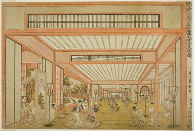 Zichten van ontvangstruimtes in Japan - Vermaak op de dag van de rat in moderne stijl, ca. 1771-76 door Utagawa Toyoharu
