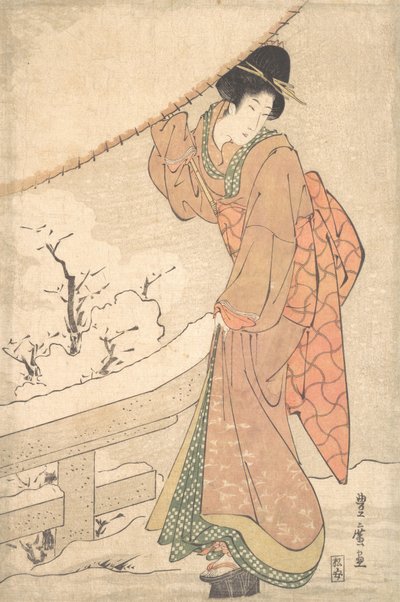 Een jonge vrouw in een sneeuwstorm met een zwaar besneeuwde paraplu, ca. 1802 door Utagawa Toyohiro