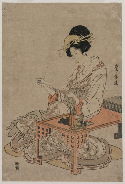 Courtisane zittend aan een schrijftafel door Utagawa Toyohiro