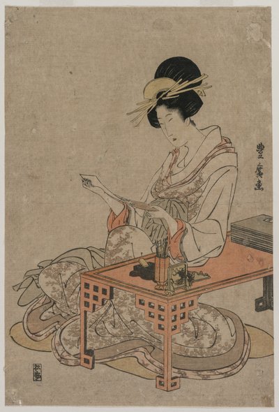 Courtisane zittend aan een schrijftafel, c. late 1790s door Utagawa Toyohiro