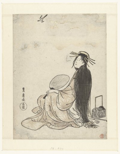 Courtisane met waaier en rookgerei opkijkend naar koekoek door Utagawa Toyohiro