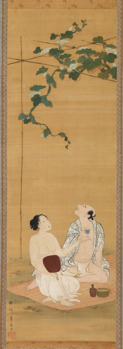 Genieten van de avondkoelte onder een kalebasprieel, begin 19e eeuw door Utagawa Toyohiro