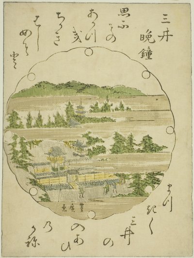 Avondklok bij de Mii Tempel, uit een ongetitelde serie van Acht Zichten van Omi door Utagawa Toyohiro