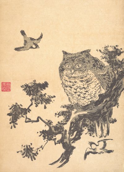 Uil en twee zwaluwen door Utagawa Toyohiro