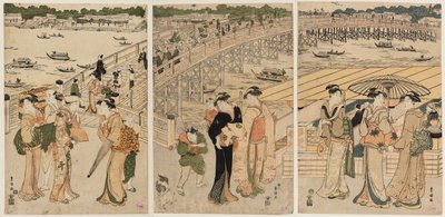 Ryōgoku brug met figuren op de voorgrond door Utagawa Toyohiro