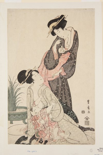 Twee Vrouwen met Goudvissen en Borstvoedende Baby door Utagawa Toyohiro