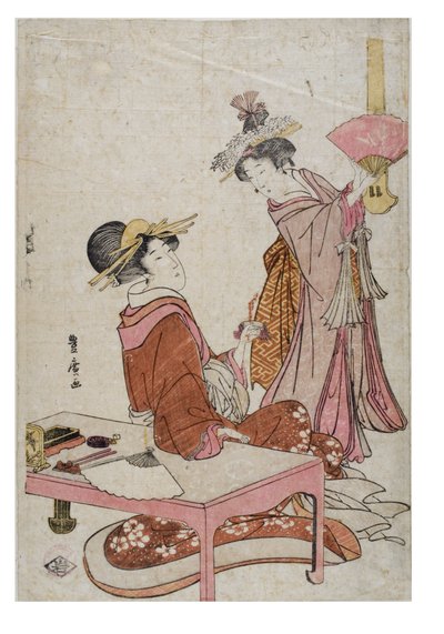Twee vrouwenfiguren met waaiers door Utagawa Toyohiro