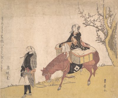Versie van Legende van Michizane: vrouw te paard geleid door een man door Utagawa Toyohiro