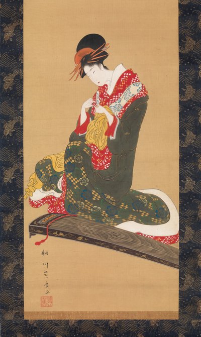 Vrouw die Vingerplectrums Aandoet om de Koto te Bespelen, begin 19e eeuw door Utagawa Toyohiro