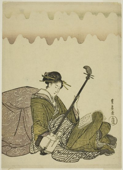Vrouw die shamisen speelt, uit een ongetitelde serie van vrouwen in hun vrije tijd door Utagawa Toyohiro