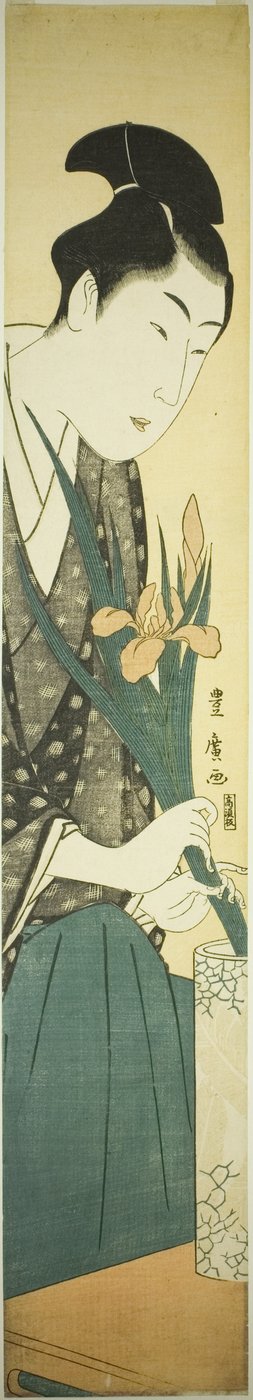Jonge man die irissen in een vaas schikt door Utagawa Toyohiro
