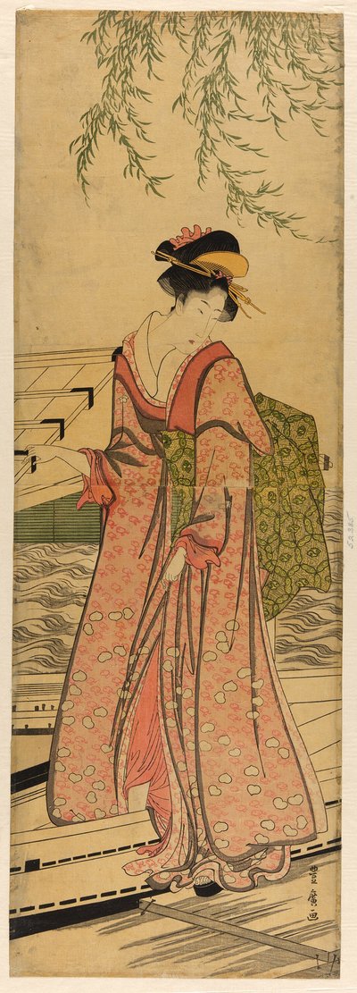 Jonge vrouw die uit een boot stapt door Utagawa Toyohiro
