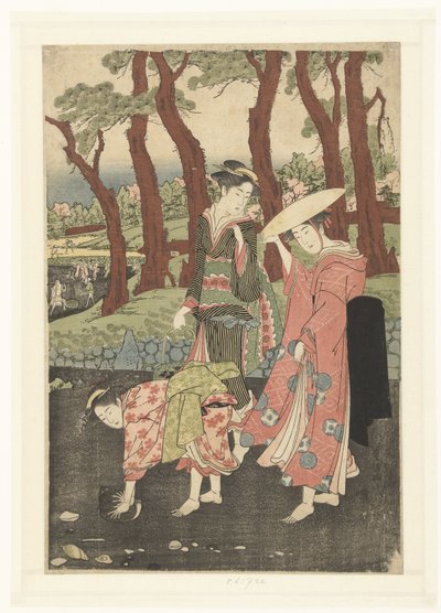 Vissen en schelpen verzamelen bij laag water door Utagawa Toyokuni (I)