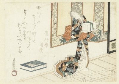Vrouw die een houten doos draagt door Utagawa Toyokuni (I)