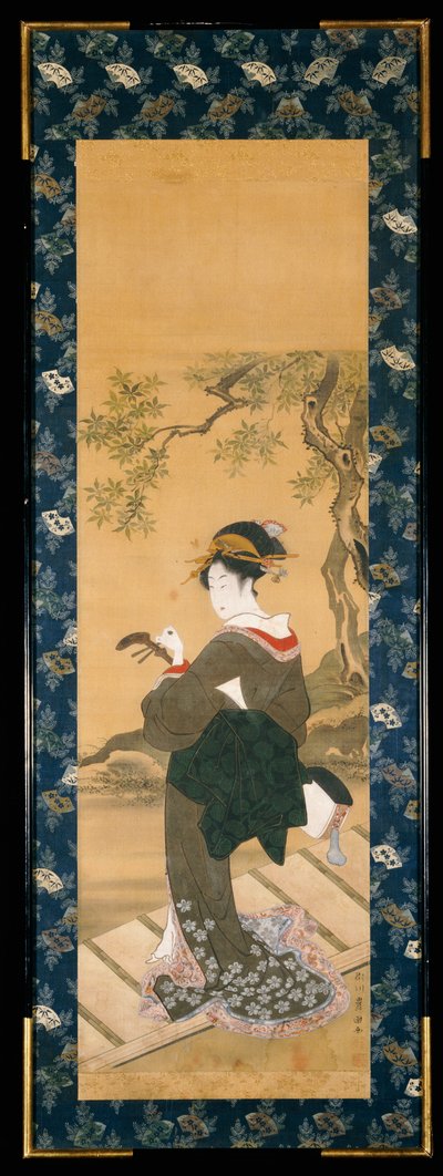Een portret van een vrouw die haar shamisen stemt op een veranda door Utagawa Toyokuni