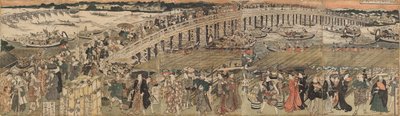 Afkoelen bij de Ryogoku-brug in Edo, een pentaptych (Edo Ryogoku suzumi no zu, gomai tsuzuki) door Utagawa Toyokuni