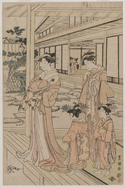 Courtisane staand op een veranda, begin 1790s door Utagawa Toyokuni