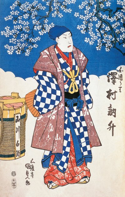 Japanse acteur in kimono met achtergrond versierd met appelbloesems, door Utagawa Toyokuni, houtsnede door Utagawa Toyokuni