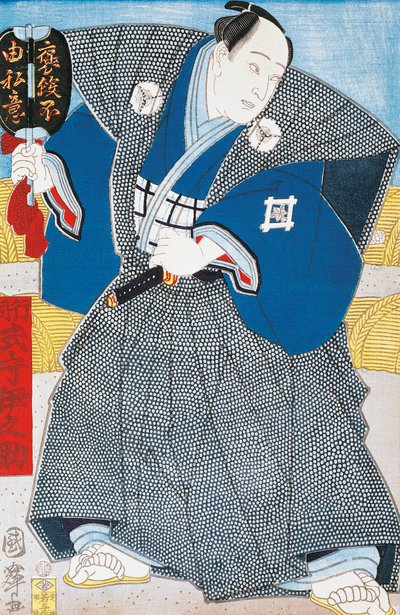 Japanse acteur in traditionele kimono met waaier door Utagawa Toyokuni