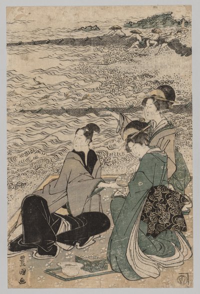 Man en Twee Vrouwen aan de Zeekust door Utagawa Toyokuni