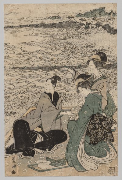 Man en twee vrouwen aan de kust, 1769-1825 door Utagawa Toyokuni