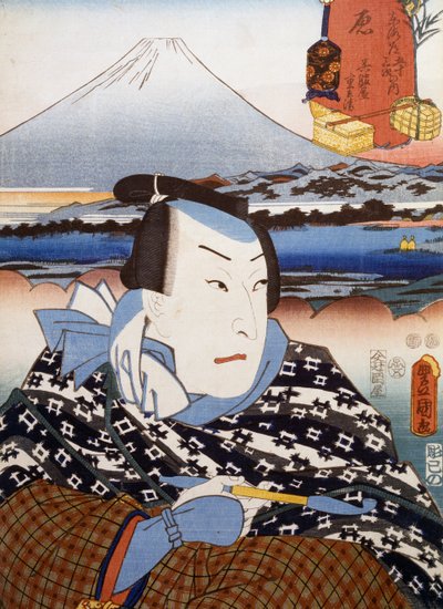 Portret van Kabuki-theateracteur voor de berg Fuji, ukiyo-e kunstdruk door Utagawa Toyokuni (1769-1825), houtsnede, Japanse beschaving, Edo-periode door Utagawa Toyokuni