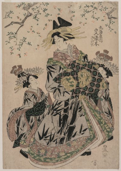 De Courtisane Katakoshigi (?) van Maruebiya met haar Kamuro Ageha en Midori door Utagawa Toyokuni