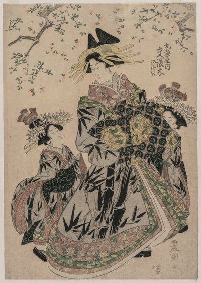 De Courtisane Katakoshigi van Maruebiya met haar Kamuro Ageha en Midori, ca. 1805 door Utagawa Toyokuni