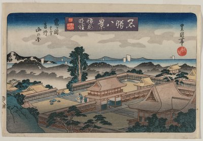 Acht uitzichten van beroemde plaatsen: Avondklok in Kamakura: De bergen in de provincie Awa vanaf het Hachiman-heiligdom in Tsurugaoka door Utagawa Toyokuni II