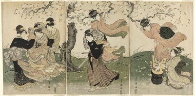 Een winderige dag onder de kersenbomen door Utagawa Toyokuni I