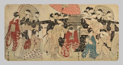 Een prinses die met haar bedienden uit een draagstoel stapt door Utagawa Toyokuni I