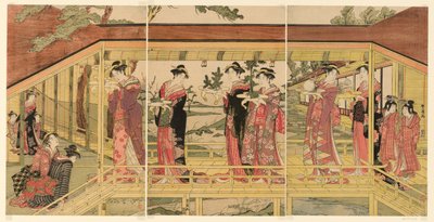 Een optocht van vrouwen met shimadai-decoraties door Utagawa Toyokuni I