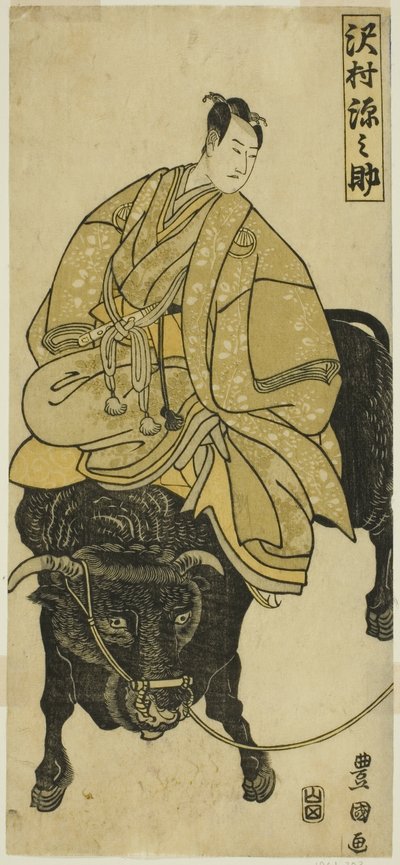 Acteur Sawamura Gennosuke rijdt op os als Sugawara no Michizane door Utagawa Toyokuni I
