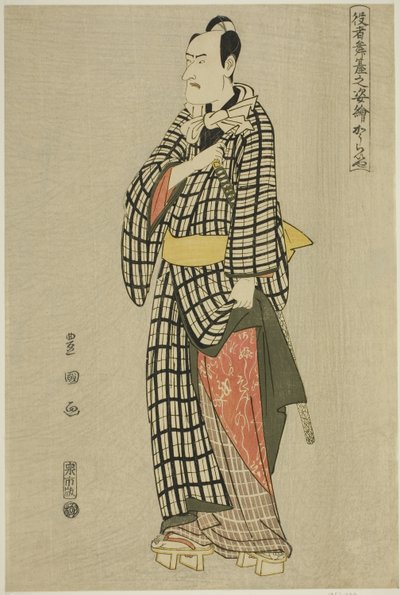 Koraiya: Ichikawa Komazo III, uit de serie "Portretten van Acteurs op het Podium (Yakusha butai no sugata-e)" door Utagawa Toyokuni I