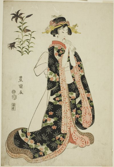 Lelies: jonge vrouw die een brief vasthoudt, uit een ongetitelde serie van schoonheden en bloemen door Utagawa Toyokuni I